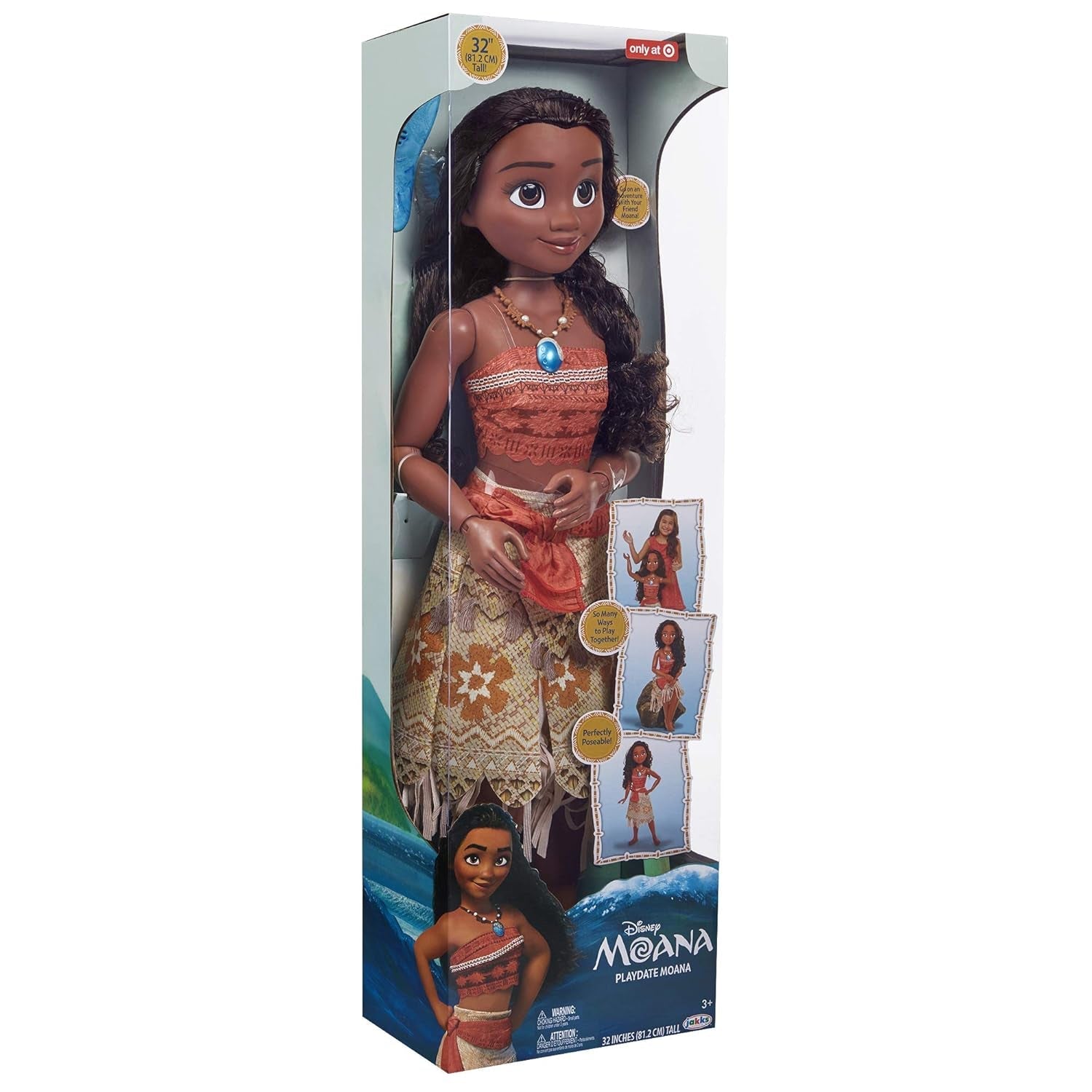 Disney Princess Moana 80 cm Lalka do zabawy marki Jakks Pacific Ruchoma lalka ze szczotką do czesania falowanych loków Sukienka inspirowana filmem Odpinany naszyjnik z wisiorkiem Lalki Naty Shop