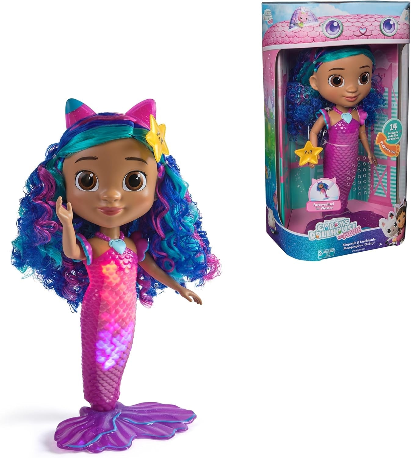 DREAMWORKS GABBY'S DOLLHOUSE – Sing & Shine Meerjungfrau Gabby, 35 cm große Puppe mit Licht- und Soundeffekten, sricht Deutsch, für Kinder ab 3 Jahren