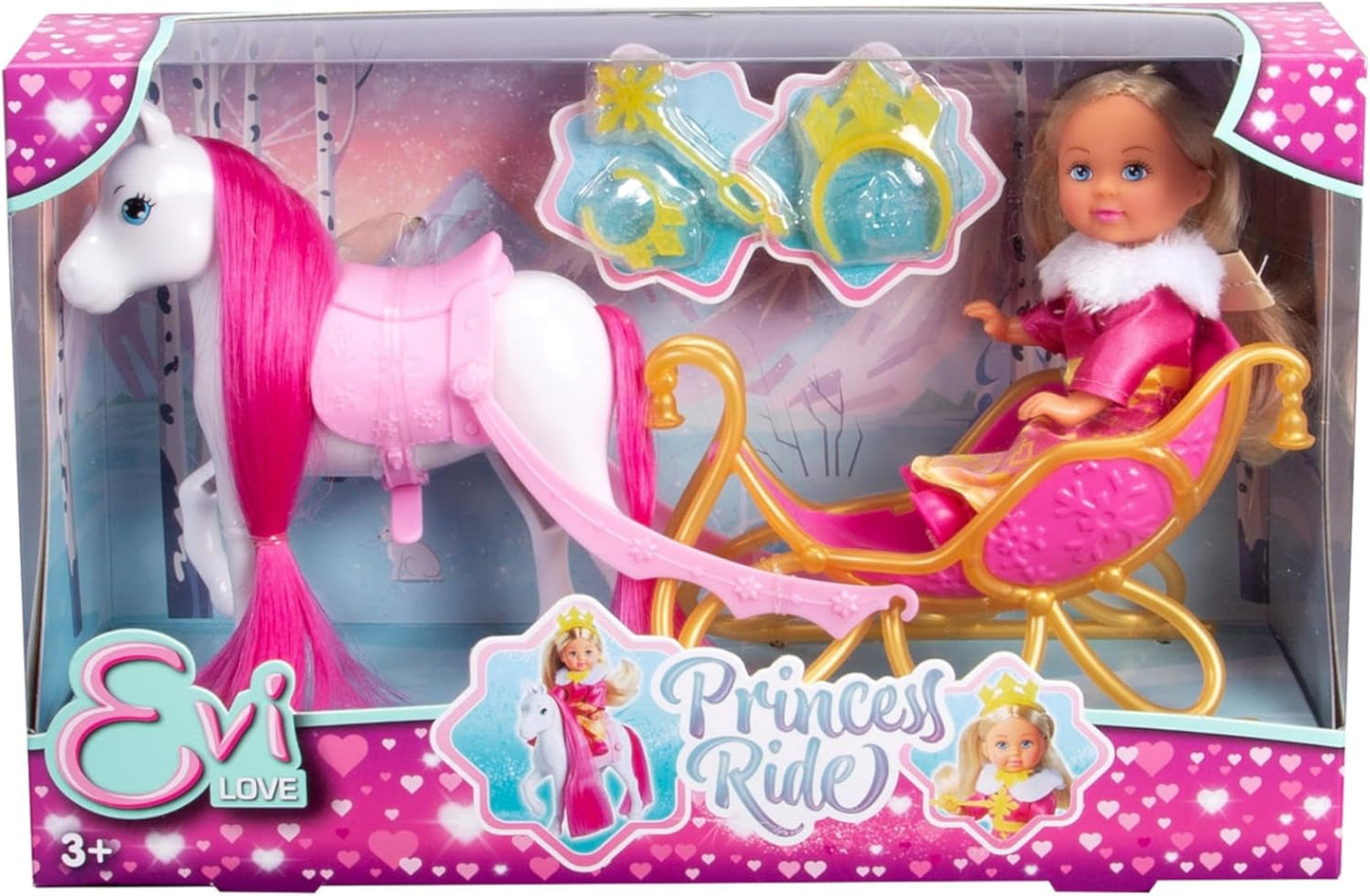 Simba Evi Love Princess Ride, lalka księżniczka z saniami i zimowym koniem, akcesoria księżniczki, 12 cm, wiek 3+