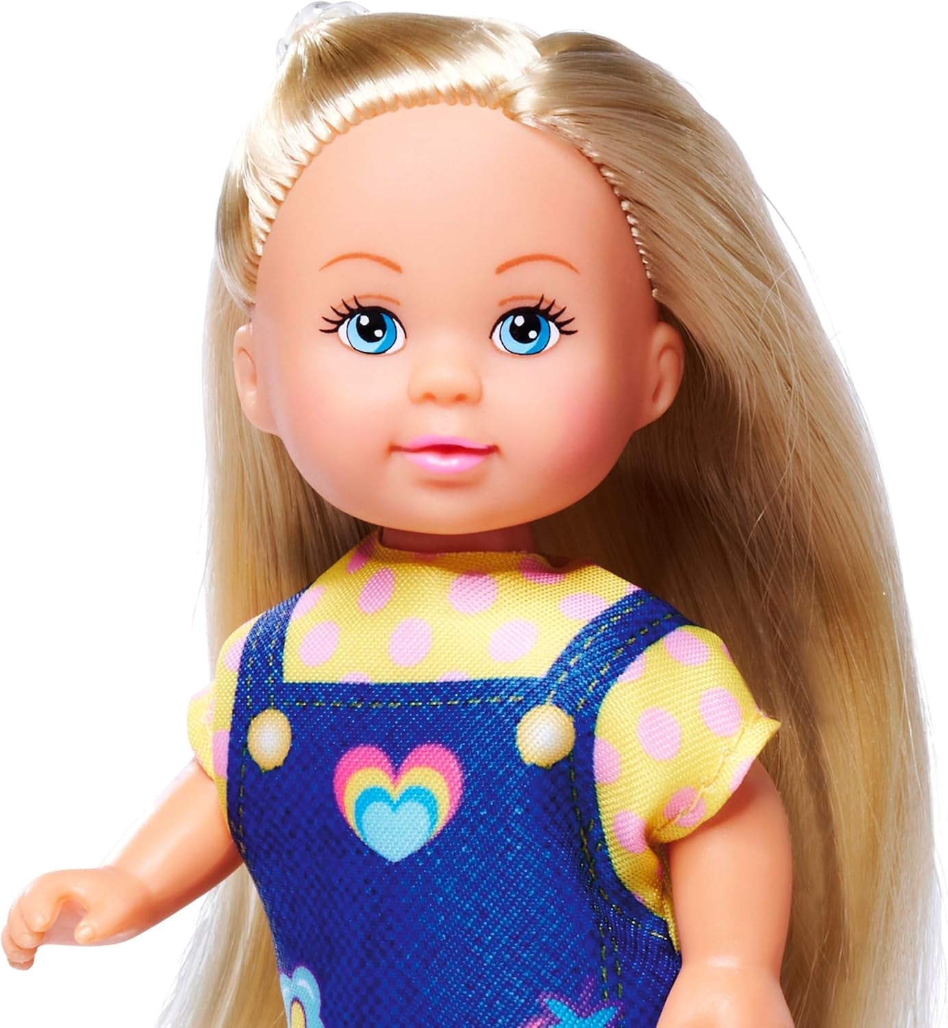 Lalka Simba Evi Love w uroczej dżinsowej sukience, w tym dwa inne stroje z uroczymi nadrukami i tenisówki, 12 cm, wiek 3+