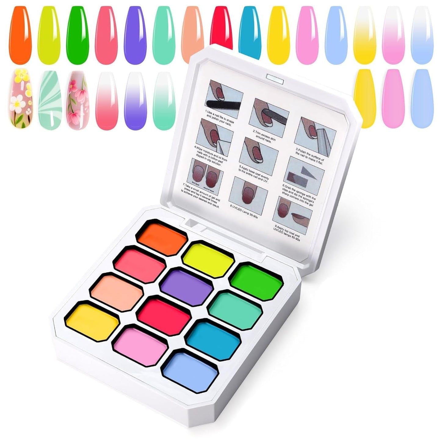 Żel do malowania gradientowego, 12 kolorów Ombre żelowy lakier do paznokci z 100 szt. Gąbeczek do paznokci i 4 pazurami Metalowy chwytak do francuskiego manicure DIY Nail Art, zestaw I