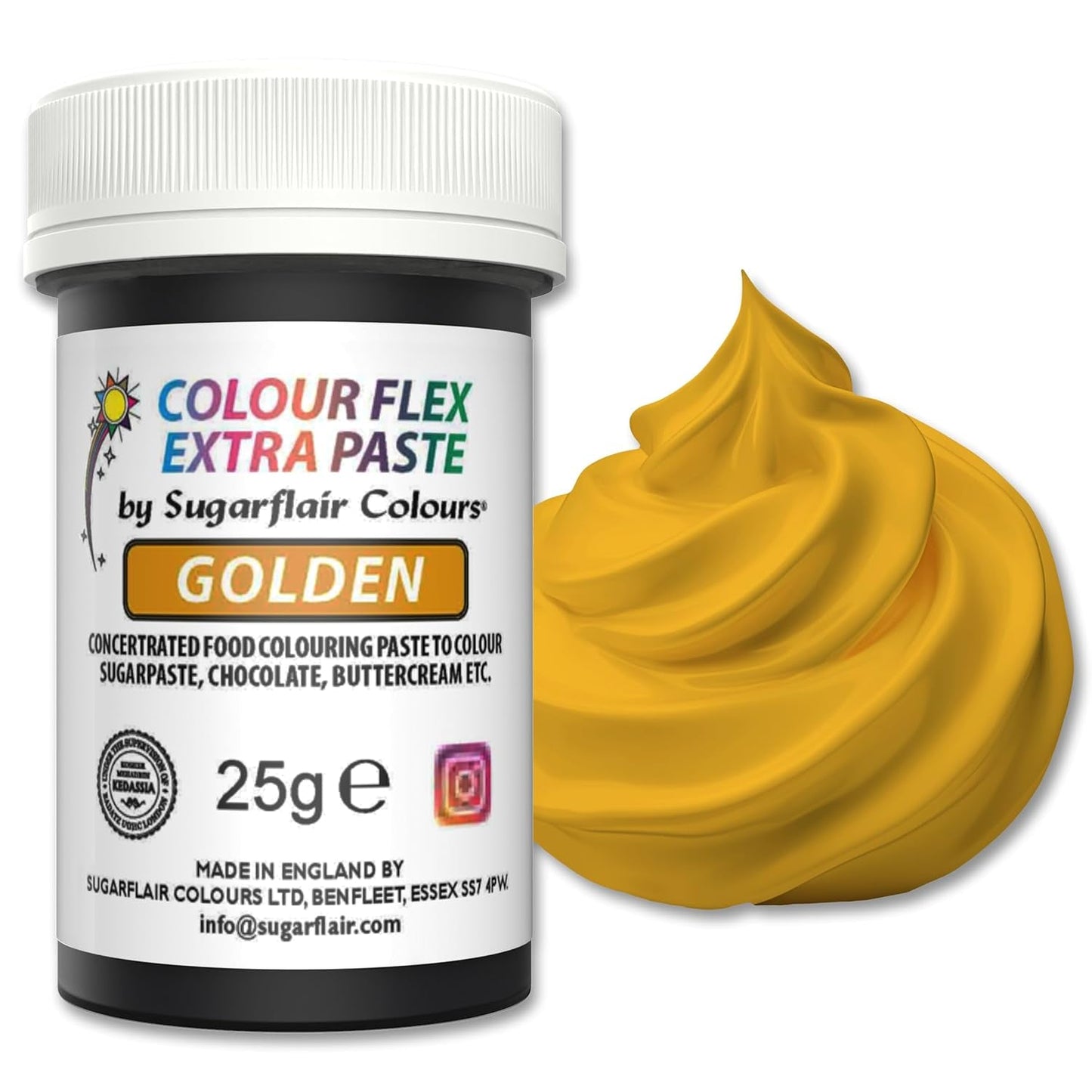 Barwnik spożywczy Sugarflair Colourflex Extra Paste Golden - Jadalny barwnik spożywczy do śmietany, czekolady, pasty cukrowej, lukru, kremówki, mieszanek ciast, ciast i nie tylko - 25g