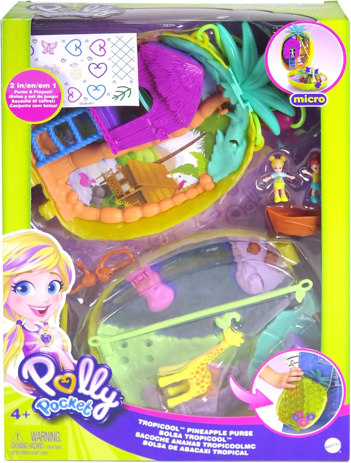 Polly Pocket GKJ64 - Przenośny kompaktowy kieszonkowy ananas z 8 zabawnymi funkcjami, lalkami Polly i Lila, 2 akcesoriami i arkuszem naklejek; zabawka dla dzieci od 4 roku życia