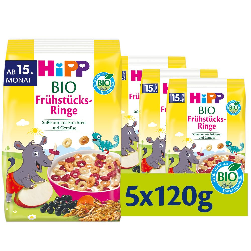 HiPP organiczne krążki śniadaniowe (5 x 120g), musli dla dzieci od 15 miesiąca, słodzone wyłącznie owocami i warzywami, najwyższej jakości organicznej