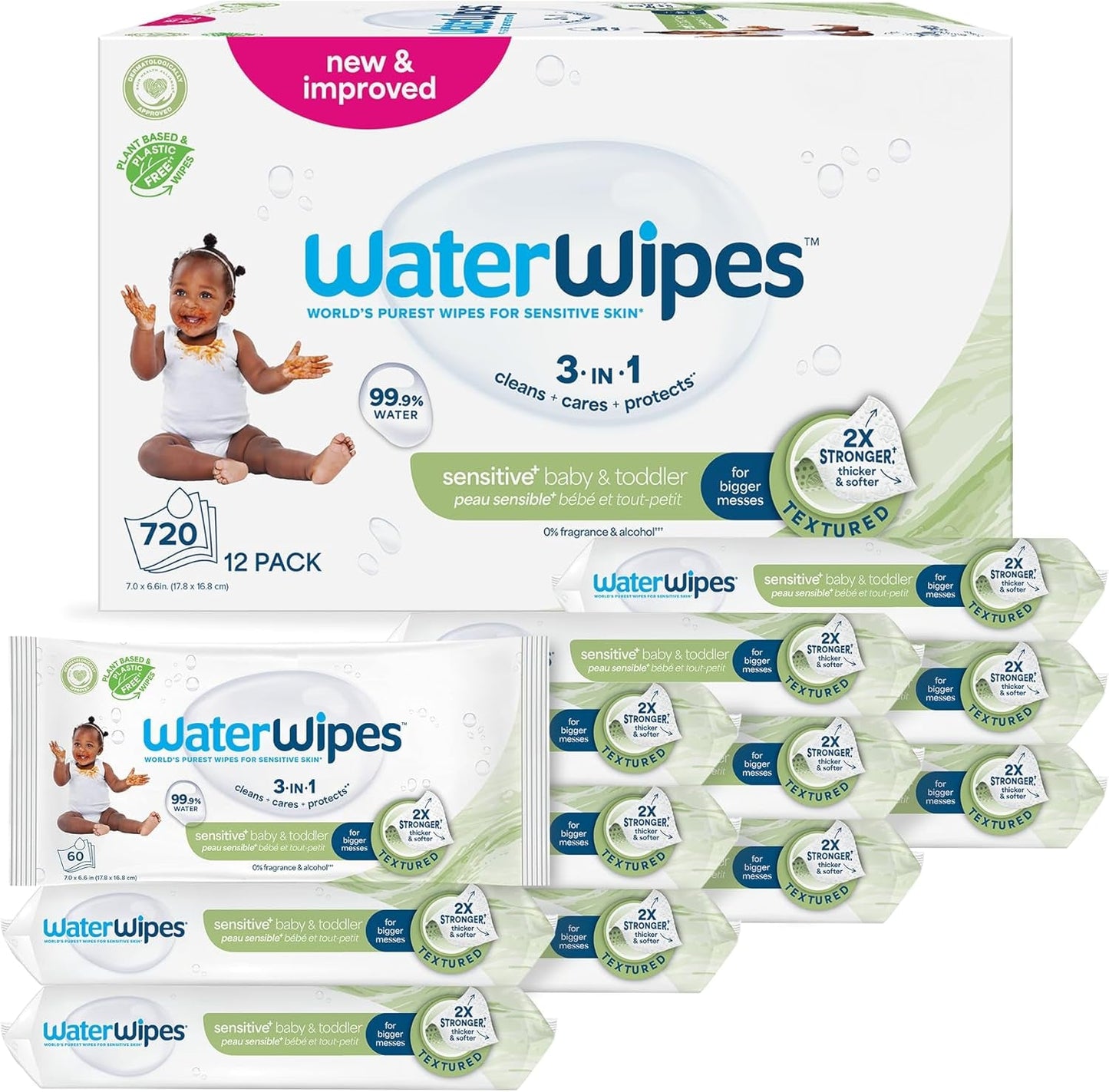 WaterWipes Sensitive+ Chusteczki nawilżane dla niemowląt i małych dzieci, 720 sztuk (12 szt.), 3 w 1 czyszczenie, pielęgnacja, ochrona, 99,9% wody, teksturowane oczyszczanie, bezzapachowy