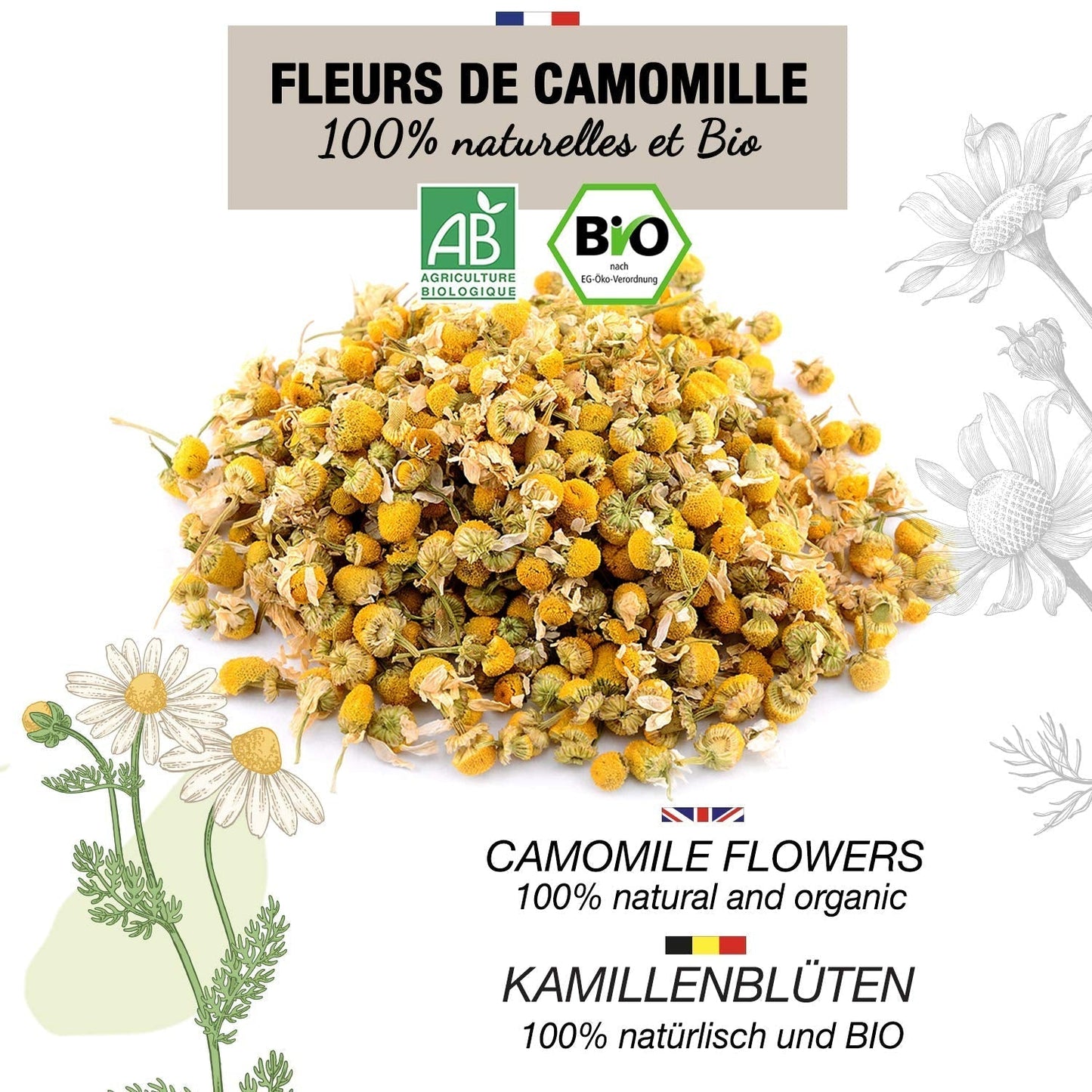 ORIGEENS Ekologiczna herbata kwiatowa z rumianku z Europy, 100 g | Herbata liściasta, organiczna herbata na sen i trawienie | Rumianek Niemiecki | Certyfikowane i pakowane w Niemczech