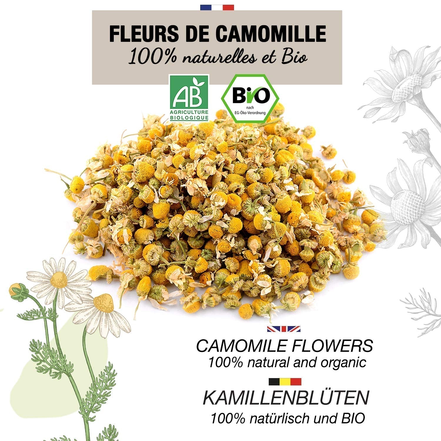 ORIGEENS Ekologiczna herbata kwiatowa z rumianku z Europy, 100 g | Herbata liściasta, organiczna herbata na sen i trawienie | Rumianek Niemiecki | Certyfikowane i pakowane w Niemczech