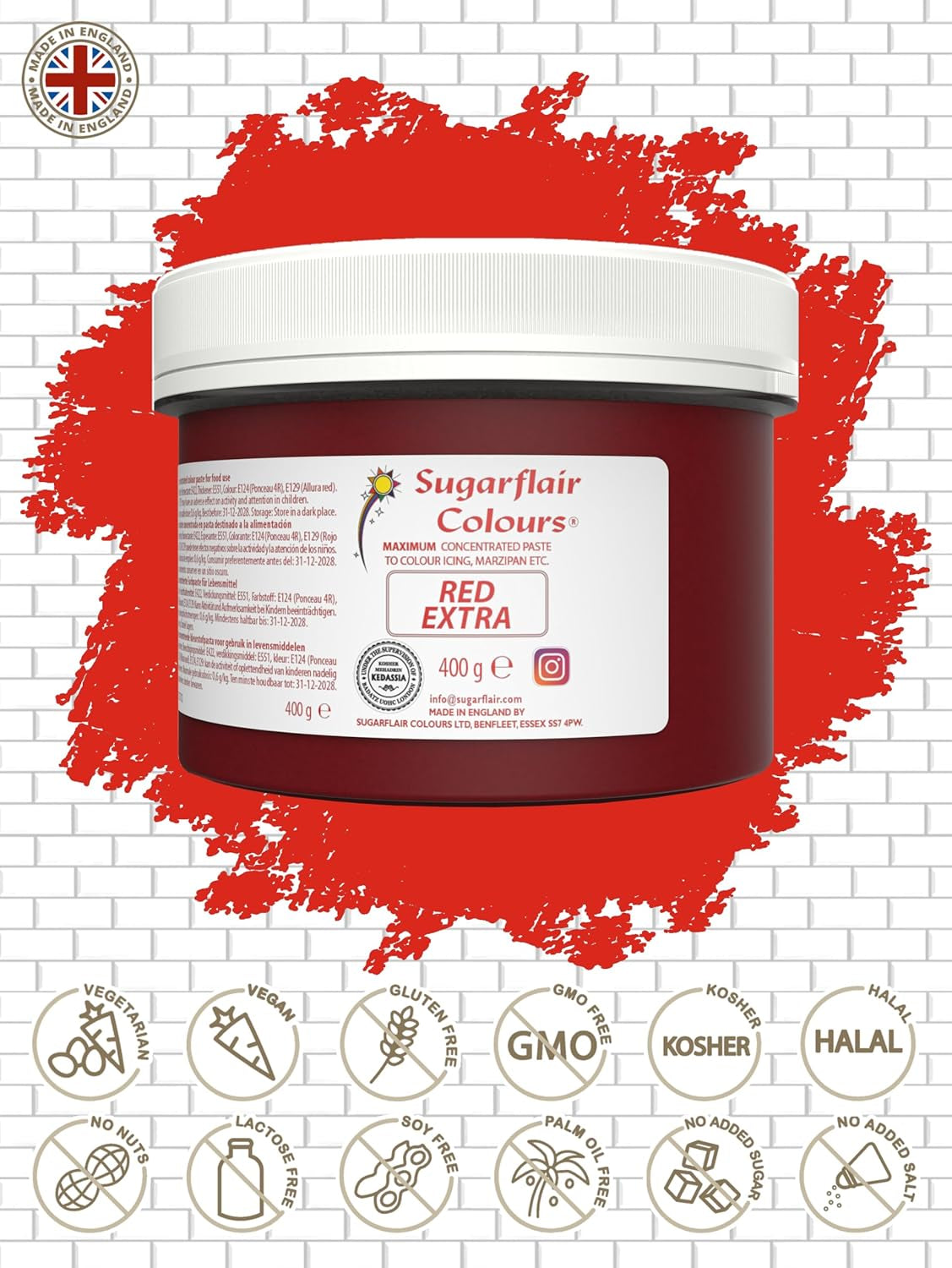 Barwnik spożywczy Sugarflair Max Concentrated Czerwony, silnie skoncentrowany barwnik spożywczy do marcepanu i fondantu, barwnik w paście Max Concentrated - 400 g