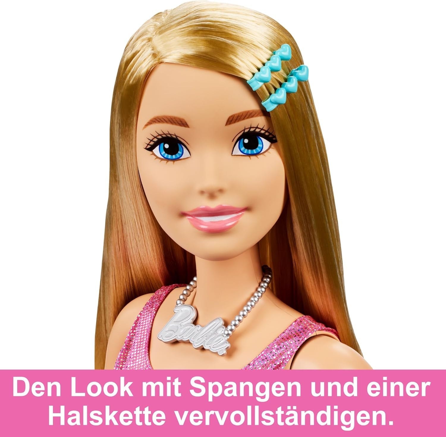 Lalka Barbie bardzo duża (71 cm) - różowa sukienka, blond włosy z klipsem i naszyjnikiem, prezent dla 3 lat i więcej, HJY02