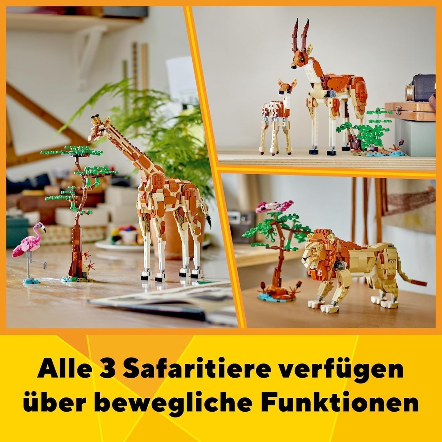 LEGO Creator 3w1 Animal Safari, kreatywny zestaw z figurkami zwierząt, 3 opcje budowania: zabawkowa żyrafa, gazela i lew, zabawkowe zwierzęta dla dziewcząt i chłopców, naturalny prezent dla dzieci w wieku od 9 lat 31150 Zestawy do budowania Beuche den LEGO-Store