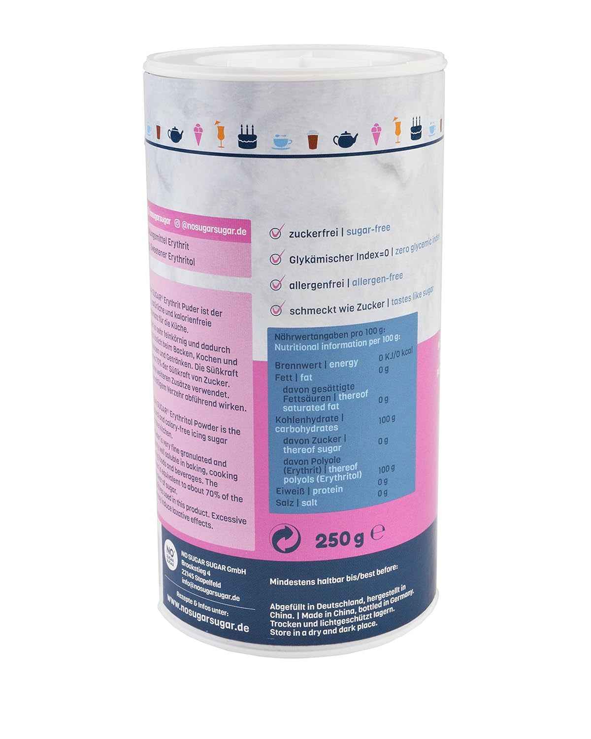 Nosugarsugar Erythrit Puder Streudose - Puderzuckerersatz Kalorienfrei, opakowanie 19Er (19 X 250 G) Słodziki Naty Shop