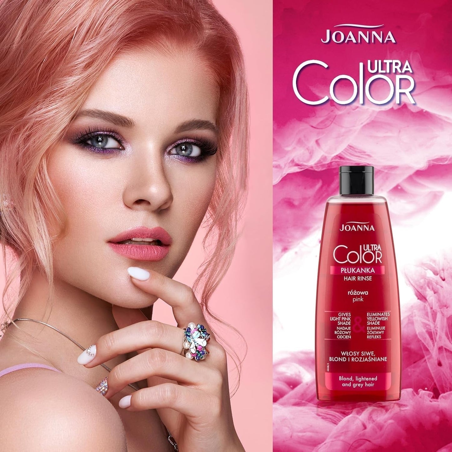 Joanna Ultra Color - Różowa odżywka koloryzująca do włosów blond i jasnych - Pastelowy róż - Naturalny połysk - Usuwa żółty odcień z włosów szaro-blond - Efekt tymczasowy - 150 ml Farba do włosów Naty Shop