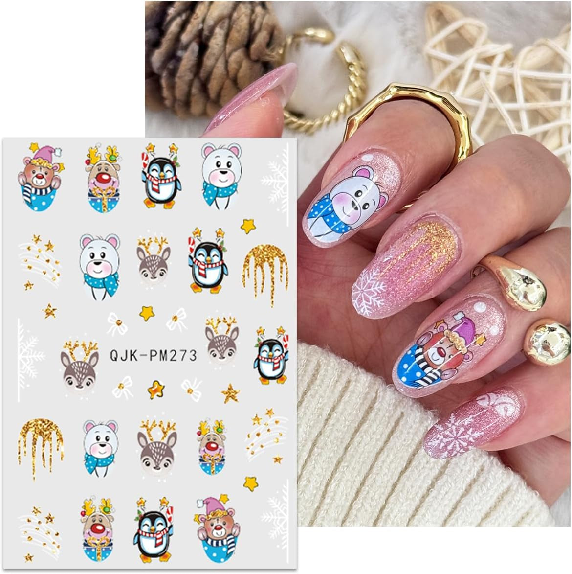 JMEOWIO Nagelsticker Weihnachten 10 Blatt Nail Art Naklejka Selbstklebend Nagelaufkleber Glitter Schneeflocke Xmas Winter Urlaub Gold Dekoration Nageldesign Zubehör