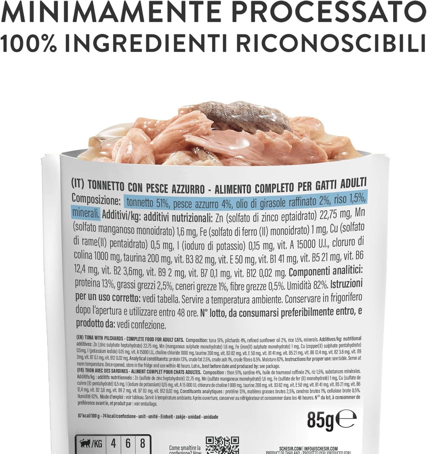 , Tuńczyk z błękitną rybą w galarecie, kompletna mokra karma dla kotów, w saszetce, z dodatkowymi witaminami, 100% naturalna, 6 x 85 g