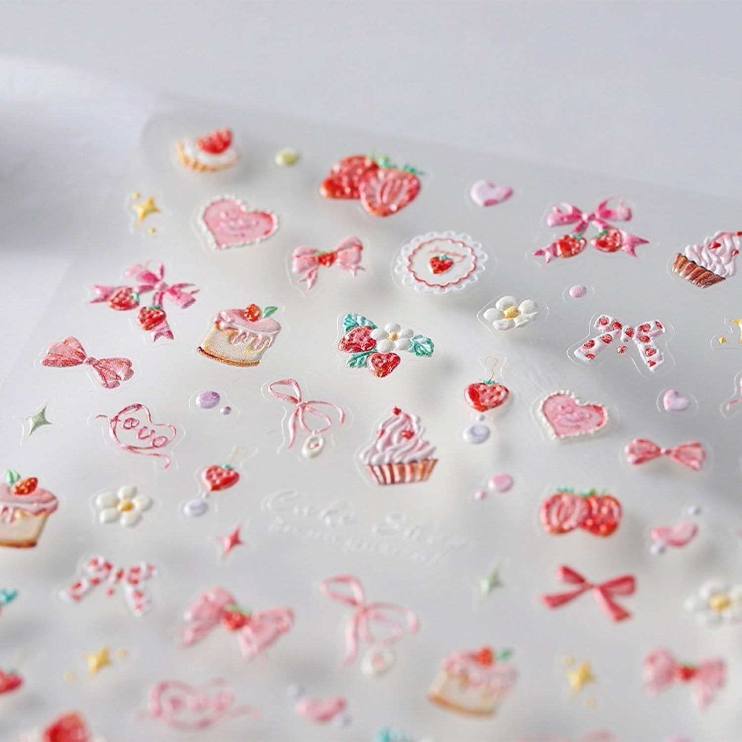 JMEOWIO 3D Nagelsticker Rosa Nail Art Naklejka Selbstklebend Nagelaufkleber 5D Stereoskopisch Kuchen Erdbeerschleife Dekoration Nageldesign Zubehör 1 Blatt