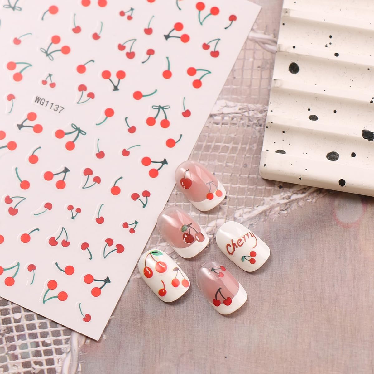 JMEOWIO Nagelsticker Kirschfrucht 6 Blatt Nail Art Naklejka Selbstklebend Nagelaufkleber Dekoration Nageldesign Zubehör