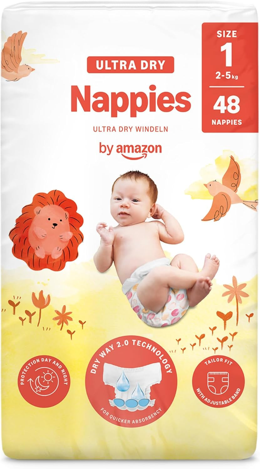 Pieluchy Amazon Ultra Dry, rozmiar 1 (2-5 kg) - pudełko miesięczne, białe, 96 sztuk (2 opakowania po 48) (dawniej marka Mama Bear, identyczny produkt)
