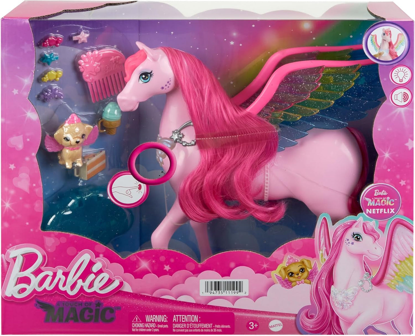 Barbie Pegasus Magiczna zabawa w chowanego - interaktywna zabawka ze światłami i dźwiękami, 10 akcesoriów, tęczowe skrzydła, dla dzieci w wieku od 3 lat, HLC41