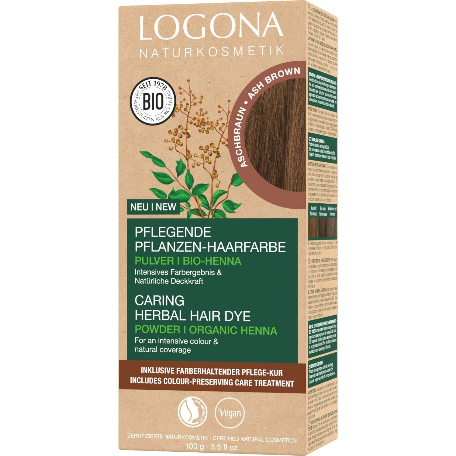 LOGONA Natural Cosmetics Ziołowa odżywcza farba do włosów, organiczna henna w proszku Wegańska farba do włosów dla intensywnego koloru i połysku, ziołowa farba do włosów w kolorze Miedziany Blond (Blond), 1 x 100g Naty Shop Ash Brown Farba do włosów 100G (1 opakowanie)