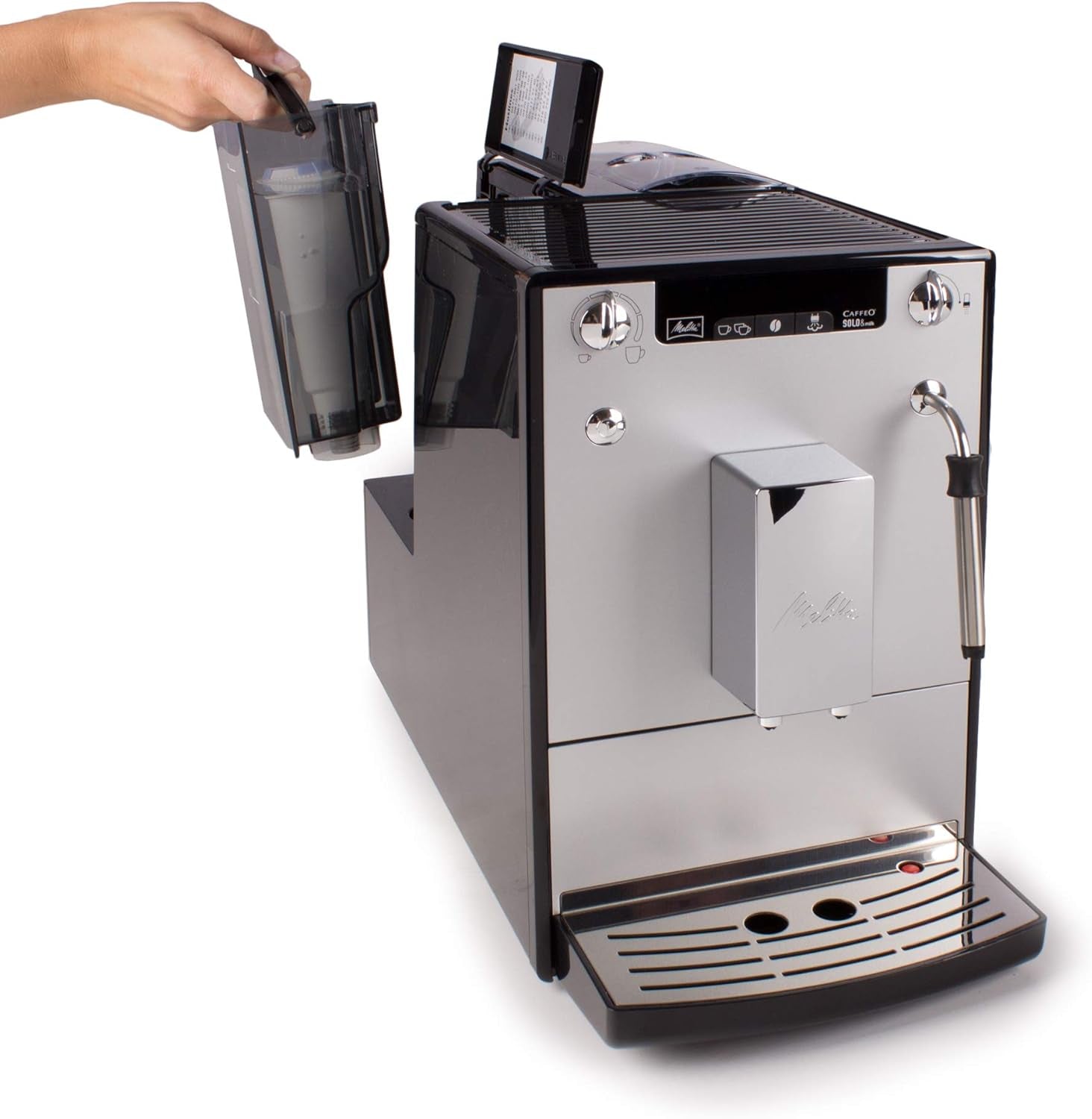 Melitta Solo & Milk - w pełni automatyczny, smukły ekspres do kawy ze spieniaczem do mleka, ekspres do kawy z wyjmowanym zbiornikiem na wodę, m.in. kawa lub cappuccino, srebro