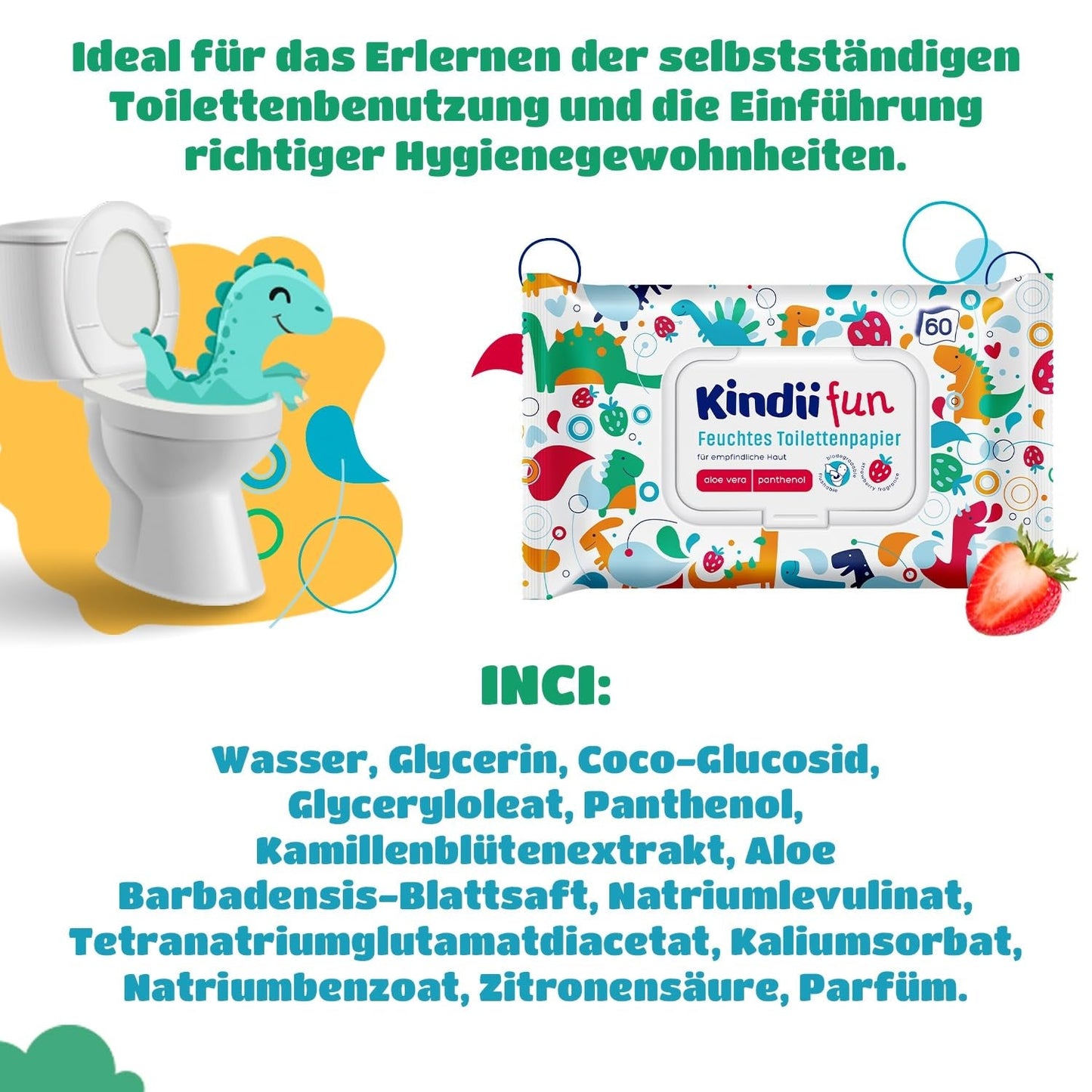 Kindii Fun Mokry Papier Toaletowy - (10X60 szt.) Mokry Papier Toaletowy - Rumianek, Aloe Vera, Ph-Neutral, Wodny, Odświeża okolice intymne - 600 sztuk