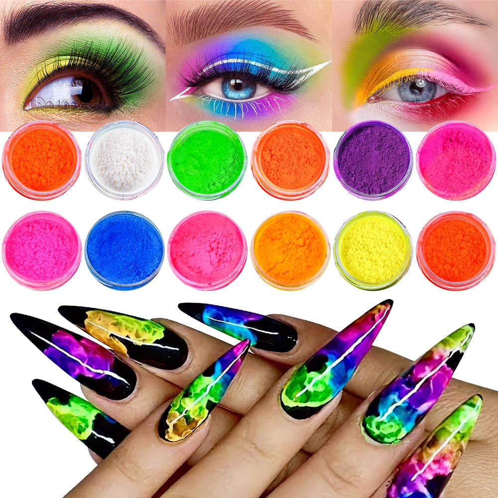 Neonowy pigment fosforowy Pulver Für Nägel Lidschatten - 12 kolorów Neon Nagel Glitzer Augenpulver Maniküre Halloween Neonowy makijaż Dekoracja Nail Art Staub Pigment