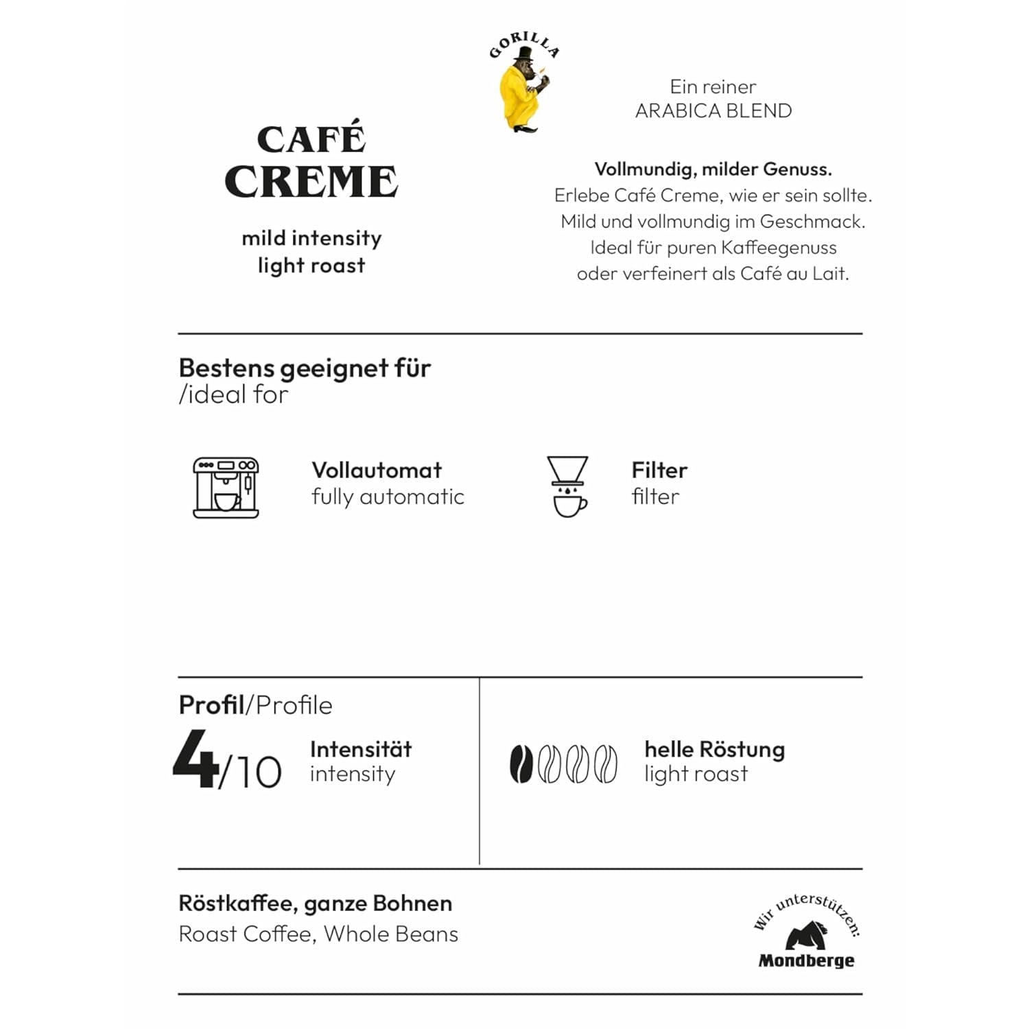 Gorilla Café Creme 6x 1000g | 100% tradycyjna arabika-Bohnen | Ideal Volllautomaten Crema harmonisches Aromat | geryger Koffeingehalt helle Röstung | Opakowanie zbiorcze