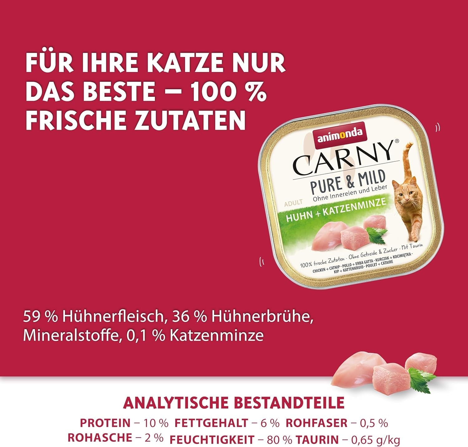 Adult Pure & Mild mokra karma dla kotów z kurczakiem i kocimiętką (32 x 100 g), dla wrażliwych kotów, bez zbóż i bez cukru, lekkostrawna mokra karma z kurczakiem