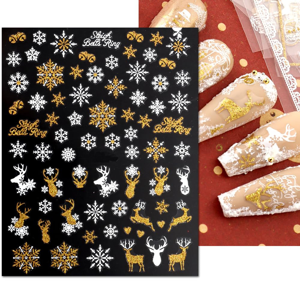 JMEOWIO Nagelsticker Weihnachten 9 Blatt Nail Art Naklejka Selbstklebend Nagelaufkleber Schneeflocke Schneemann Festival Weißes Gold Dekoration Nageldesign Zubehör