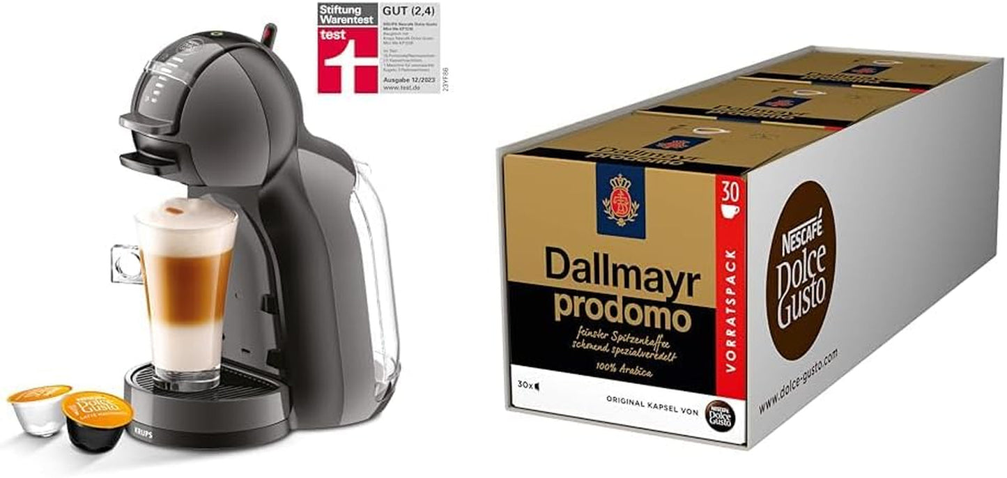 NESCAFÉ DOLCE GUSTO Krups KP1238 Mini Me Ekspres na kapsułki do kawy, 15 barów, kompaktowy, wysokociśnieniowy ekspres do kawy, ponad 30 kreacji kawowych, wybór wielkości napoju, czarny/antracytowy z Dallmayr Prodomo