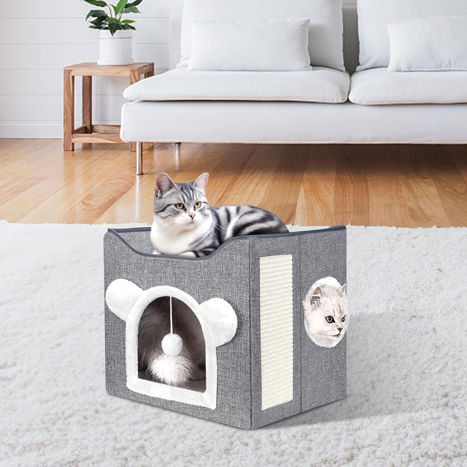 Katzenbetten für Indoor Katzen, Faltbares Katzenhaus, Katzenhöhle 2 Schicht Würfel Großer Raum Katzenbett mit Kratzbrett und Spielball, 15,8 x 15,8 x 15 cali