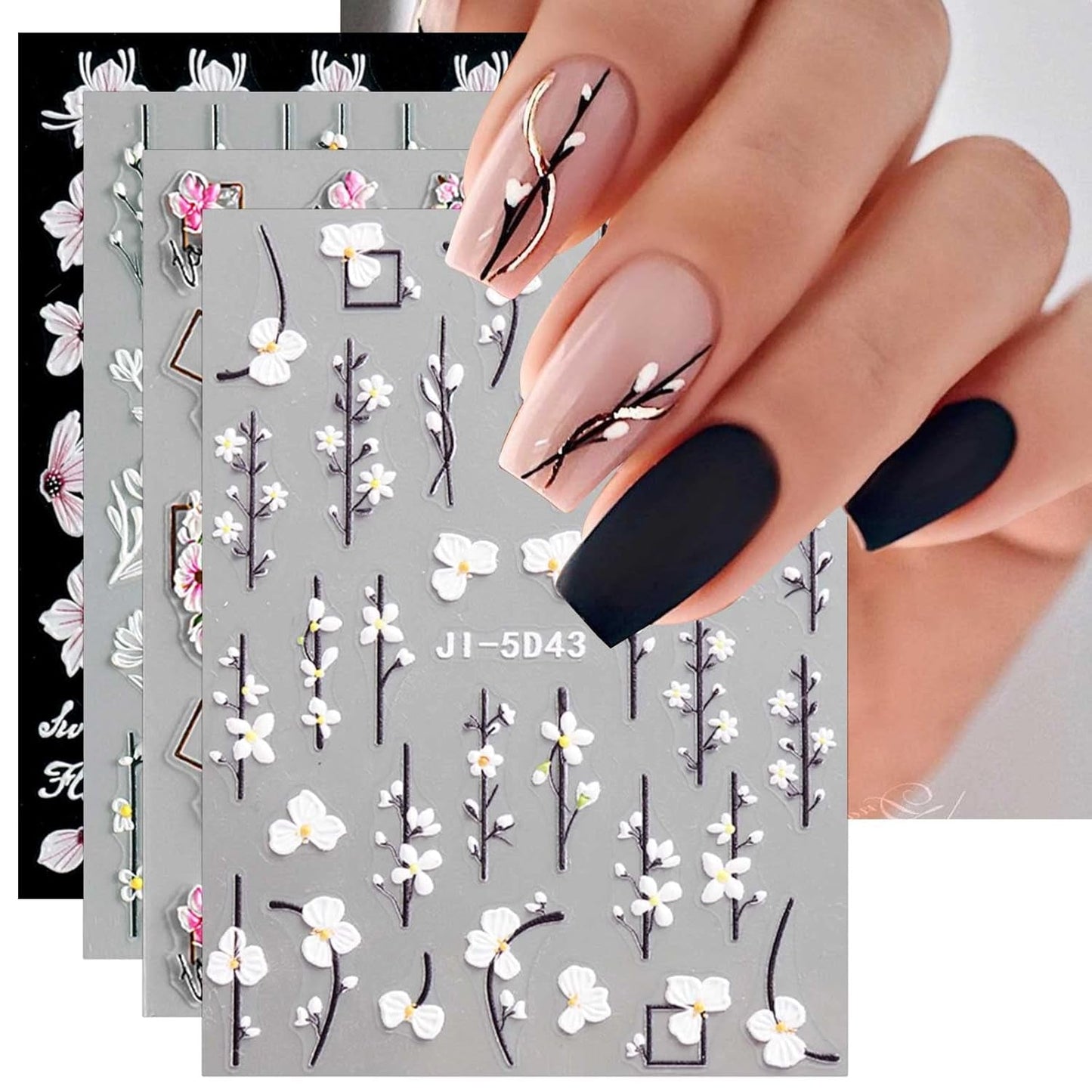 JMEOWIO 3D Nagelsticker Frühling Blume Nail Art Naklejka Selbstklebend Nagelaufkleber 5D Stereoskopisch Buntes Sommer Blumen Dekoration Nageldesign Zubehör 4 Blatt