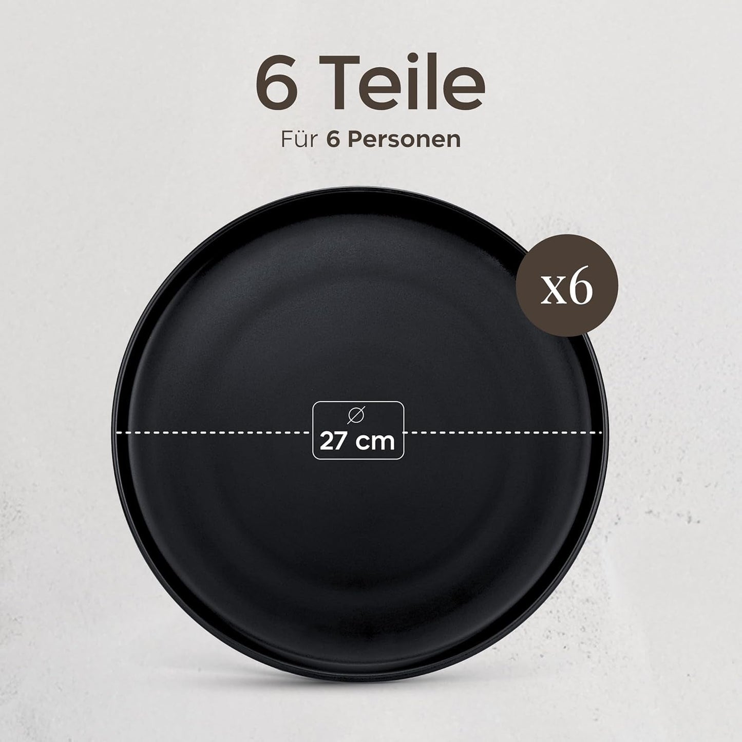 Zestaw talerzy kamionkowych na 6 osób – matowy czarny 6-częściowy zestaw Duże talerze nadające się do użytku w kuchence mikrofalowej Elegancki design – kolekcja Twinzee Ebony