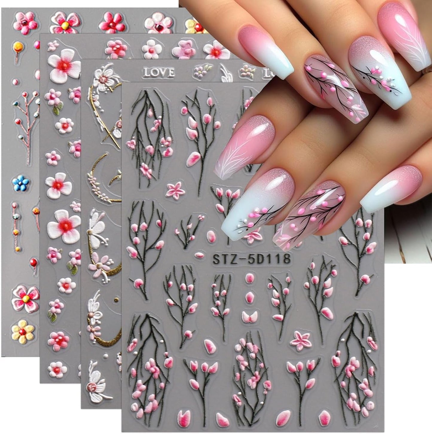 JMEOWIO 3D Nagelsticker Blume Nail Art Naklejka Selbstklebend Nagelaufkleber 5D Stereoskopisch Frühling Letnia dekoracja kwiatowa Nageldesign Zubehör 4 Blatt