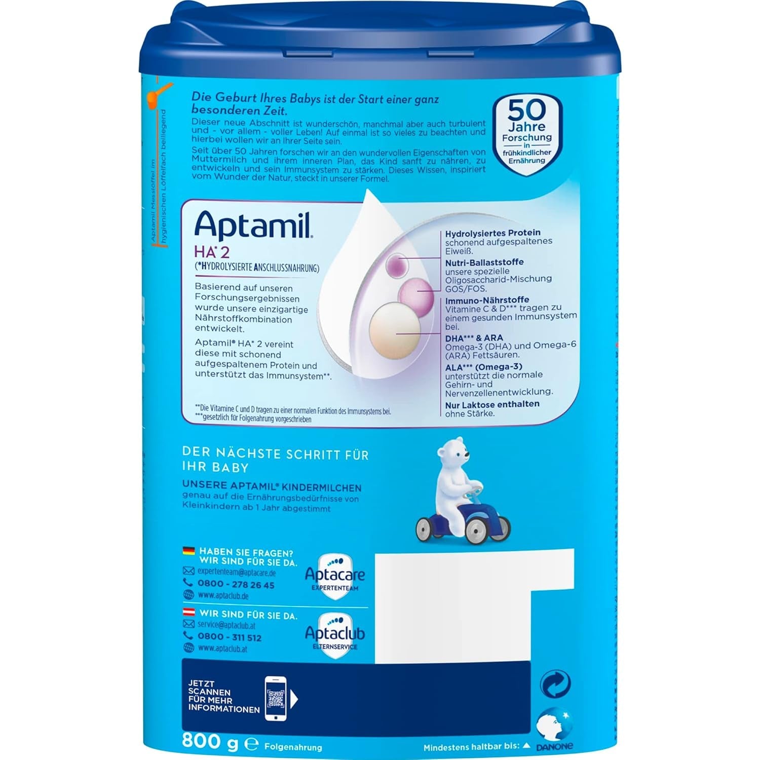 Aptamil HA 2 – Formuła dalsza po 6 miesiącach, z Omega 3 i 6, DHA, ARA i ALA, Bez laktozy, Bez oleju palmowego, Odżywka dla dzieci, Mleko w proszku, 1 x 800 g (opakowanie 4 szt.)