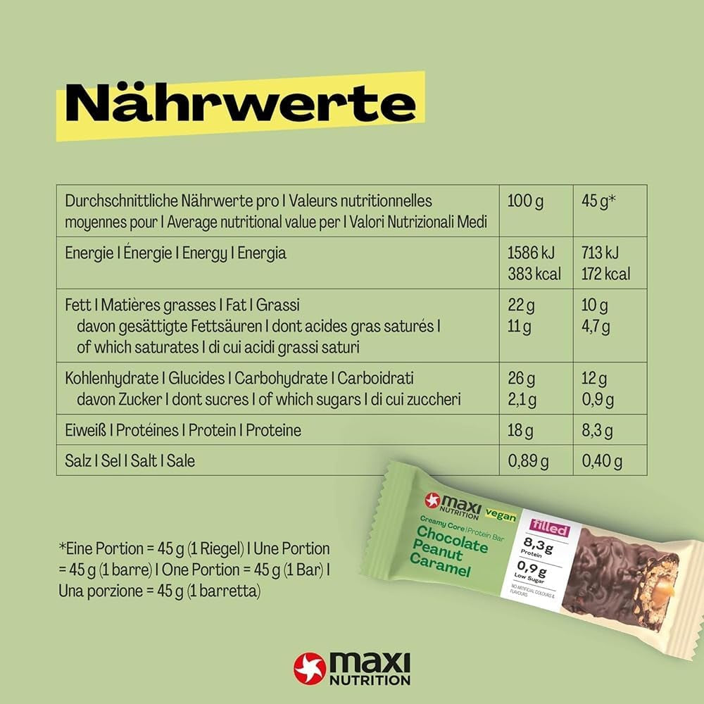 MaxiNutrition Kremowy wegański baton proteinowy z czekoladą, orzeszkami ziemnymi i karmelem 12x45g - wegański baton proteinowy, 18% białka, 8,3g w batonie, niska zawartość cukru (0,9g), bez dodatku cukru, bez sztucznych aromatów