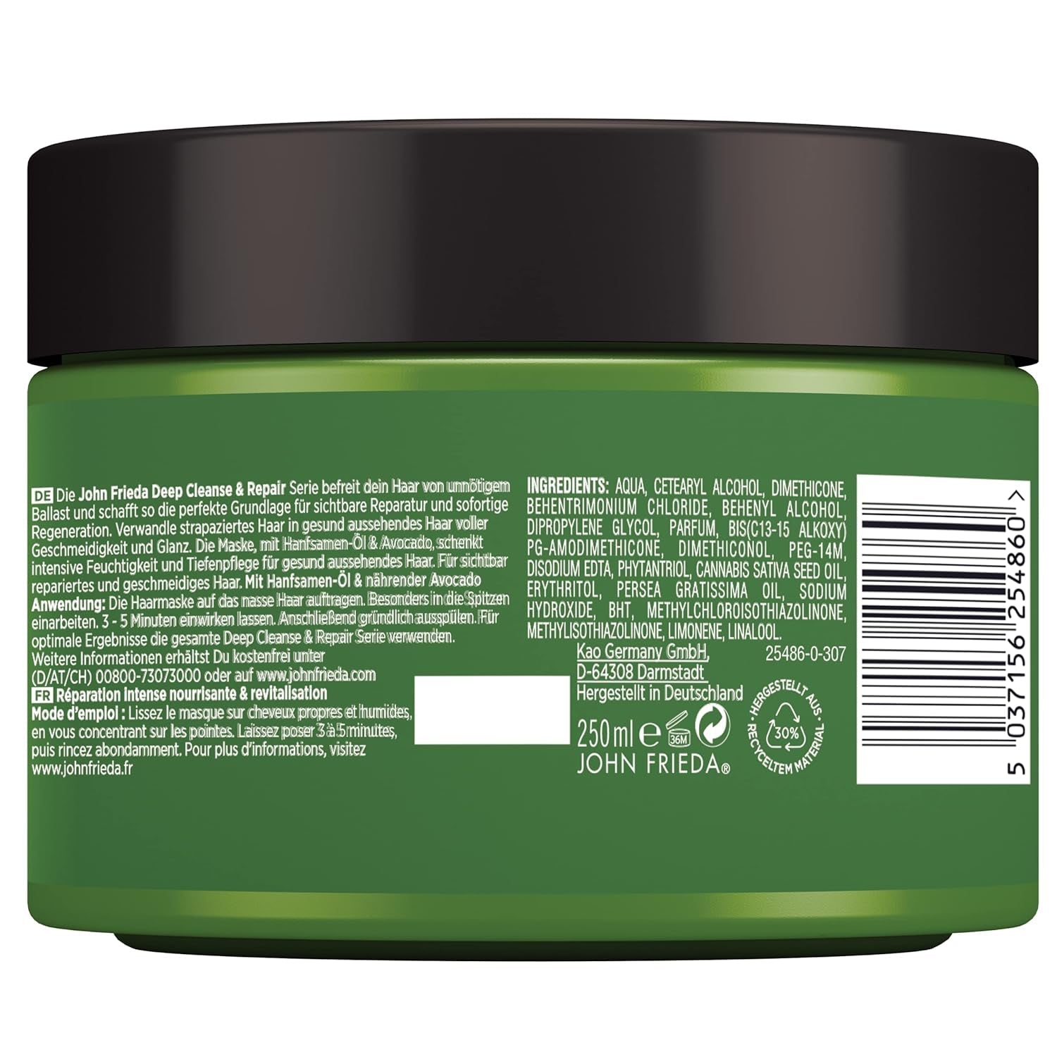 John Frieda - Deep Cleanse & Repair Mask / Kuracja - Zawartość: 250 ml - Z olejem z nasion konopi + odżywczym awokado - Kojąca maska do włosów zniszczonych Naty Shop maska do włosów