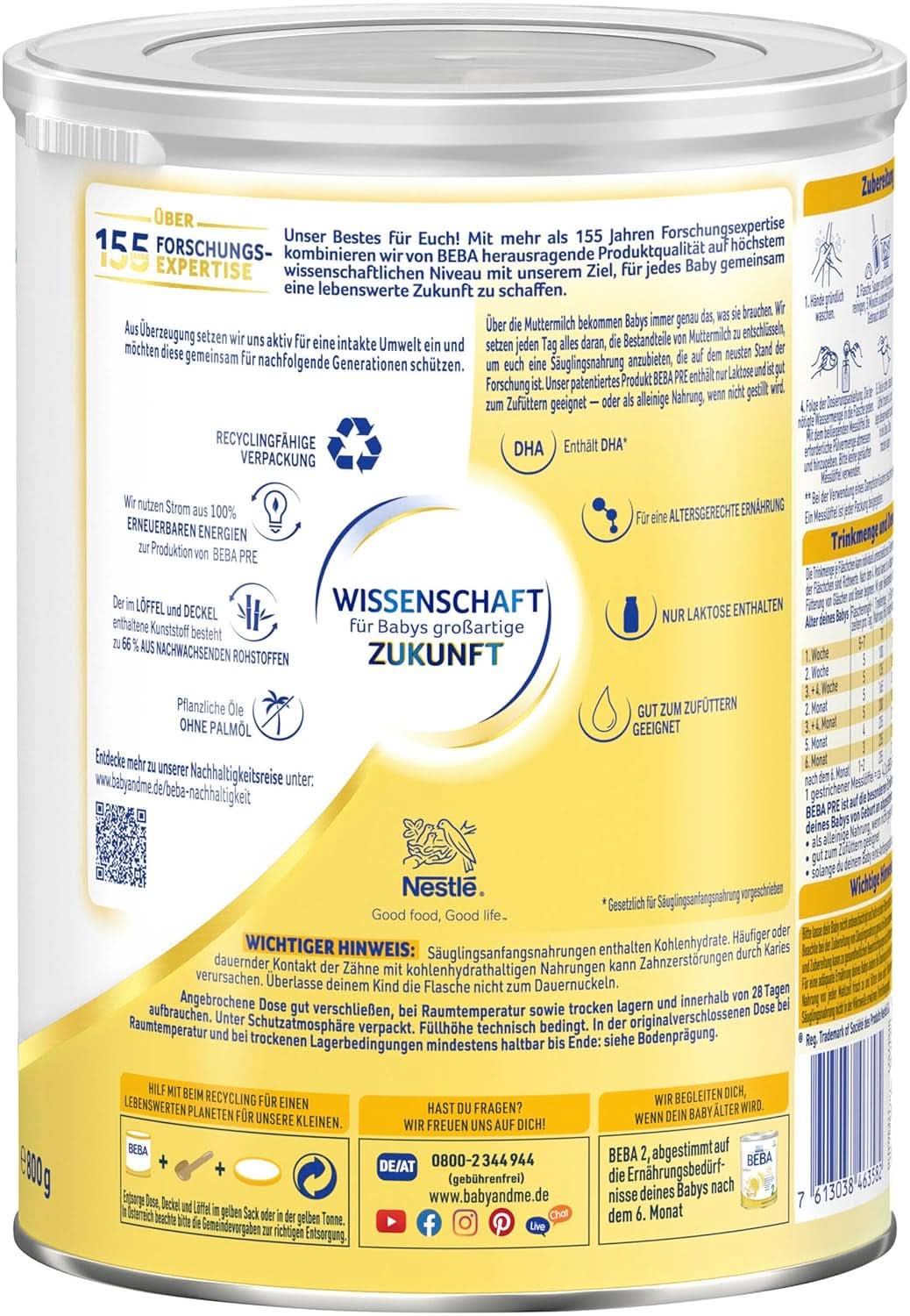 BEBA PRE Mleko początkowe od urodzenia, Żywność dla niemowląt z DHA, Tylko laktoza, Bez oleju palmowego, Op. 3 (3 x 800g) Naty Shop