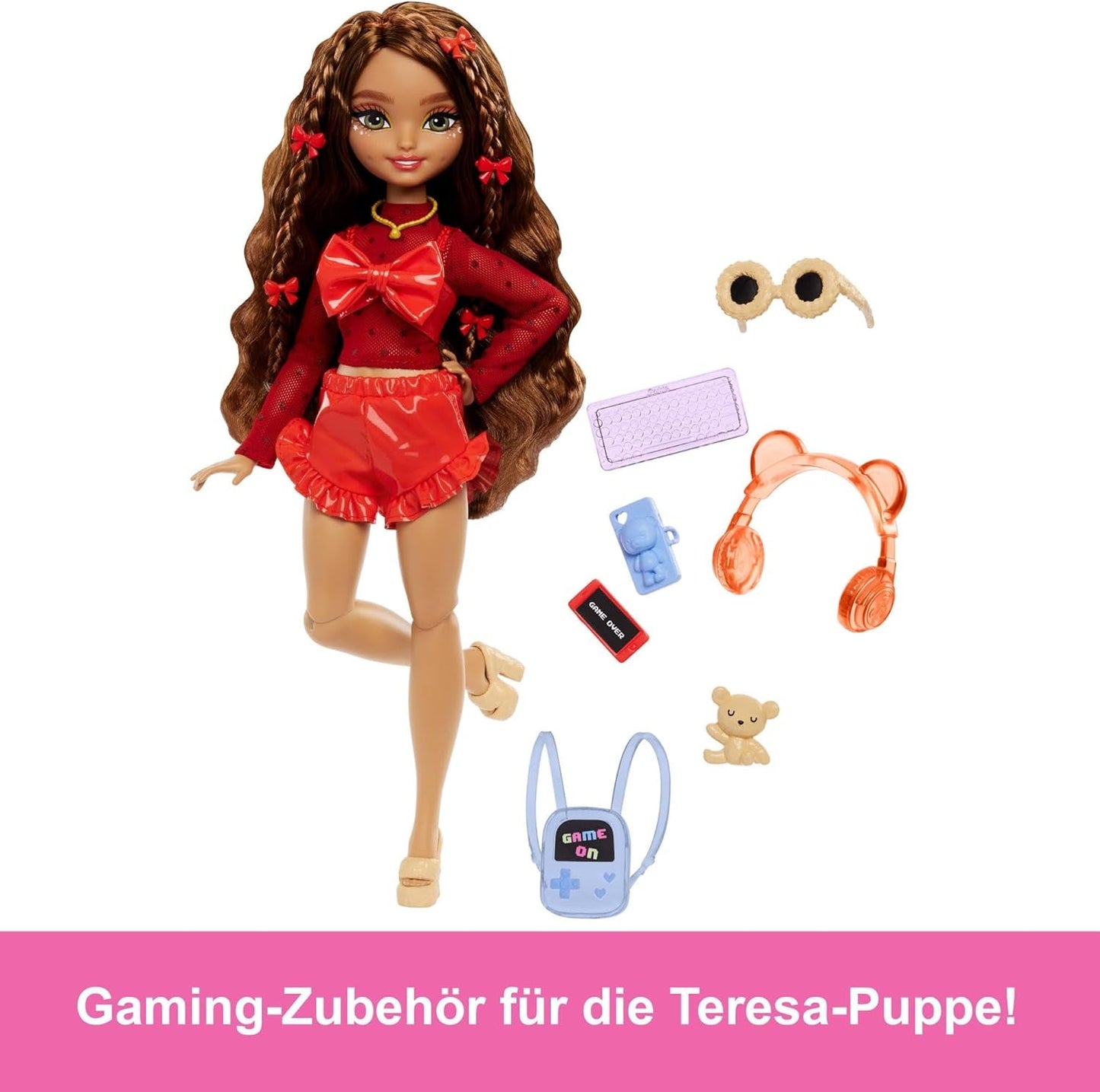Lalka Barbie Dream Besties i akcesoria, ruchoma lalka Teresa Fashion z brązowymi włosami i spinkami do włosów, 10 elementów z motywem gry wideo, lalki HYC23 Naty Shop