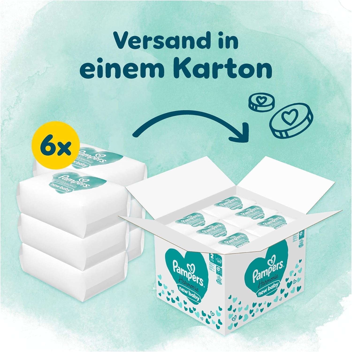 Pieluszki Pampers Harmony rozmiar 2, 204 pieluszki, 4kg-8kg, delikatna ochrona skóry dzięki 100% ochronie Pampers