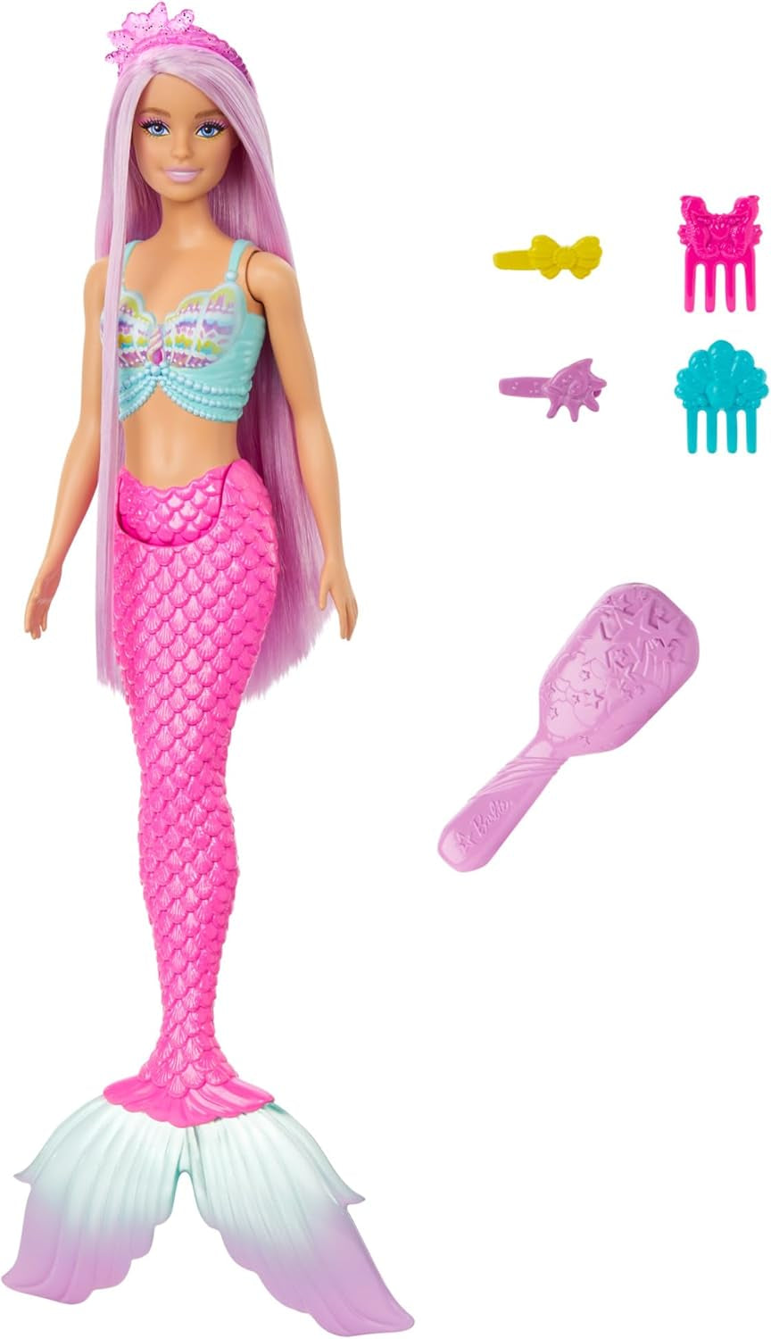 Lalka Barbie Syrenka – z długimi różowymi włosami i indywidualnymi akcesoriami do stylizacji, w tym szczotką, śliczną końcówką w kształcie muszelki i różową płetwą ogonową, dla dzieci w wieku od 3 lat, HRR00