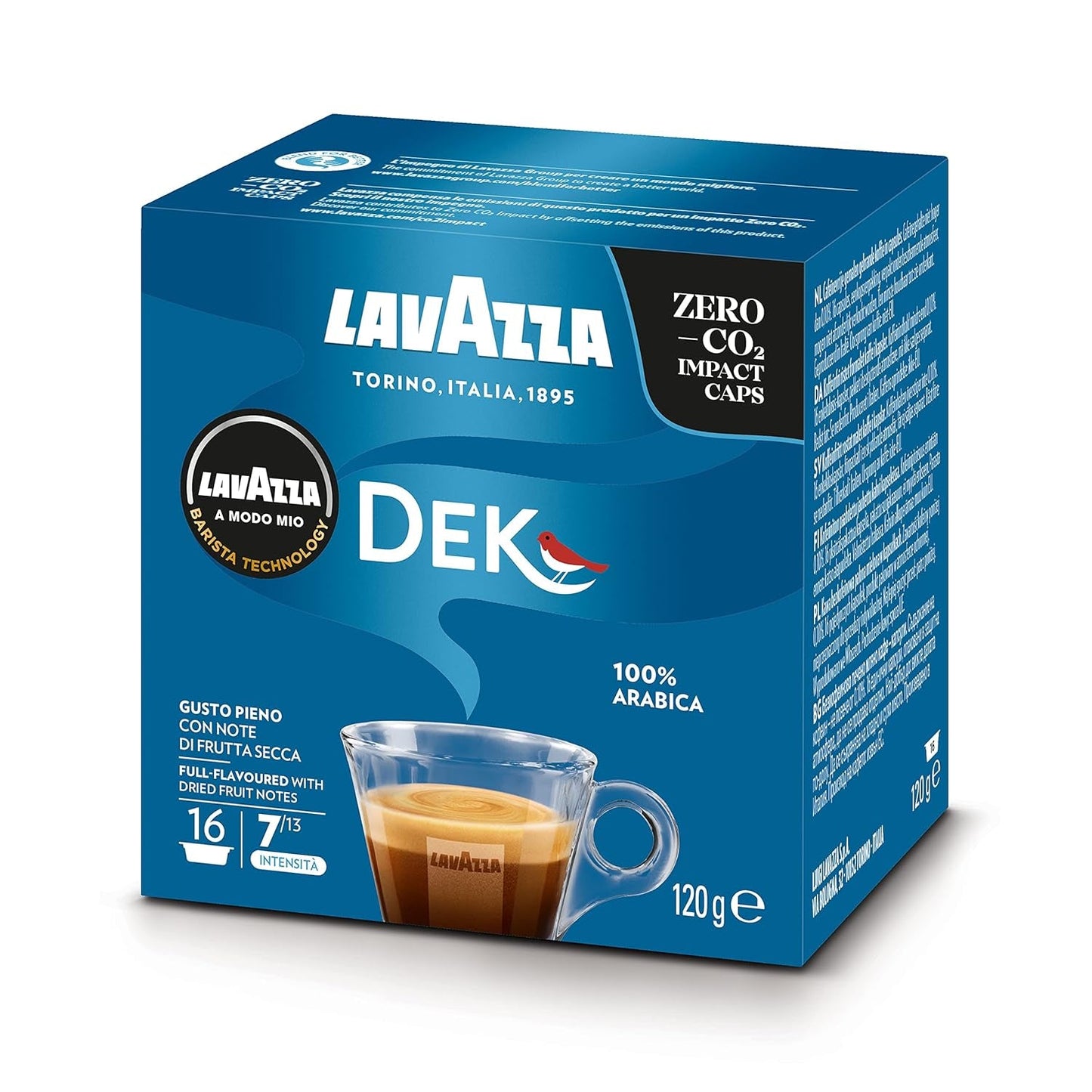 Lavazza A Modo Mio Dek Cremoso, 256 kapsułek kawy, do espresso bezkofeinowego z aromatycznymi nutami migdałów i canditis, 100% Arabica, intensywność 7/13, średnio palona, ​​16 opakowań