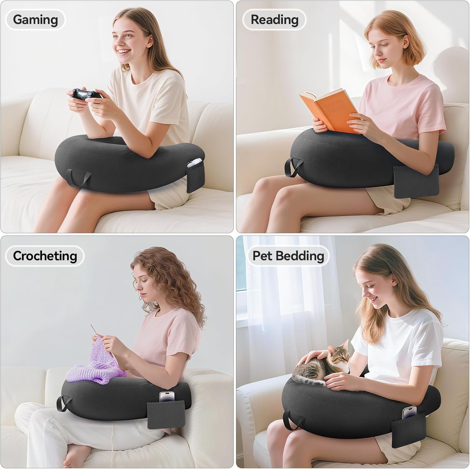 Poduszka do gier i czytania, poduszka do czytania na łóżko/kanapę/podłogę, poduszka do karmienia/szydełkowania z dużą ergonomiczną poduszką do gier, poduszka dla graczy na iPada/laptopa - czarna