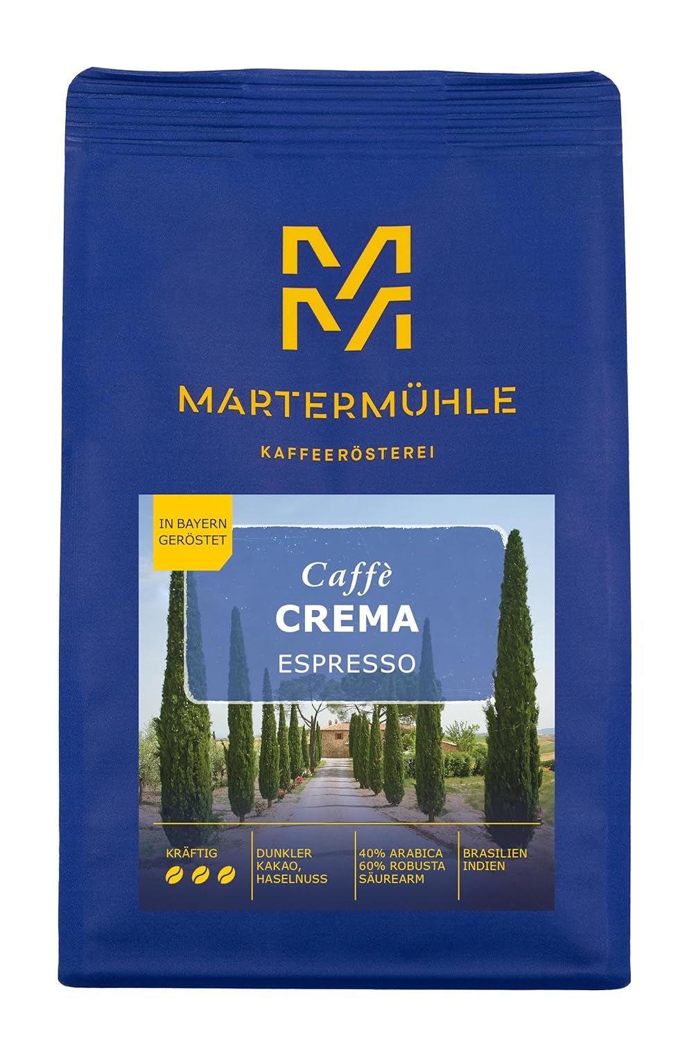 Martermühle Mocny krem ​​do espresso 500g | Arabika/Robusta | Smaki: Ciemne kakao, orzech laskowy | Jasno palone całe ziarna espresso, niska kwasowość