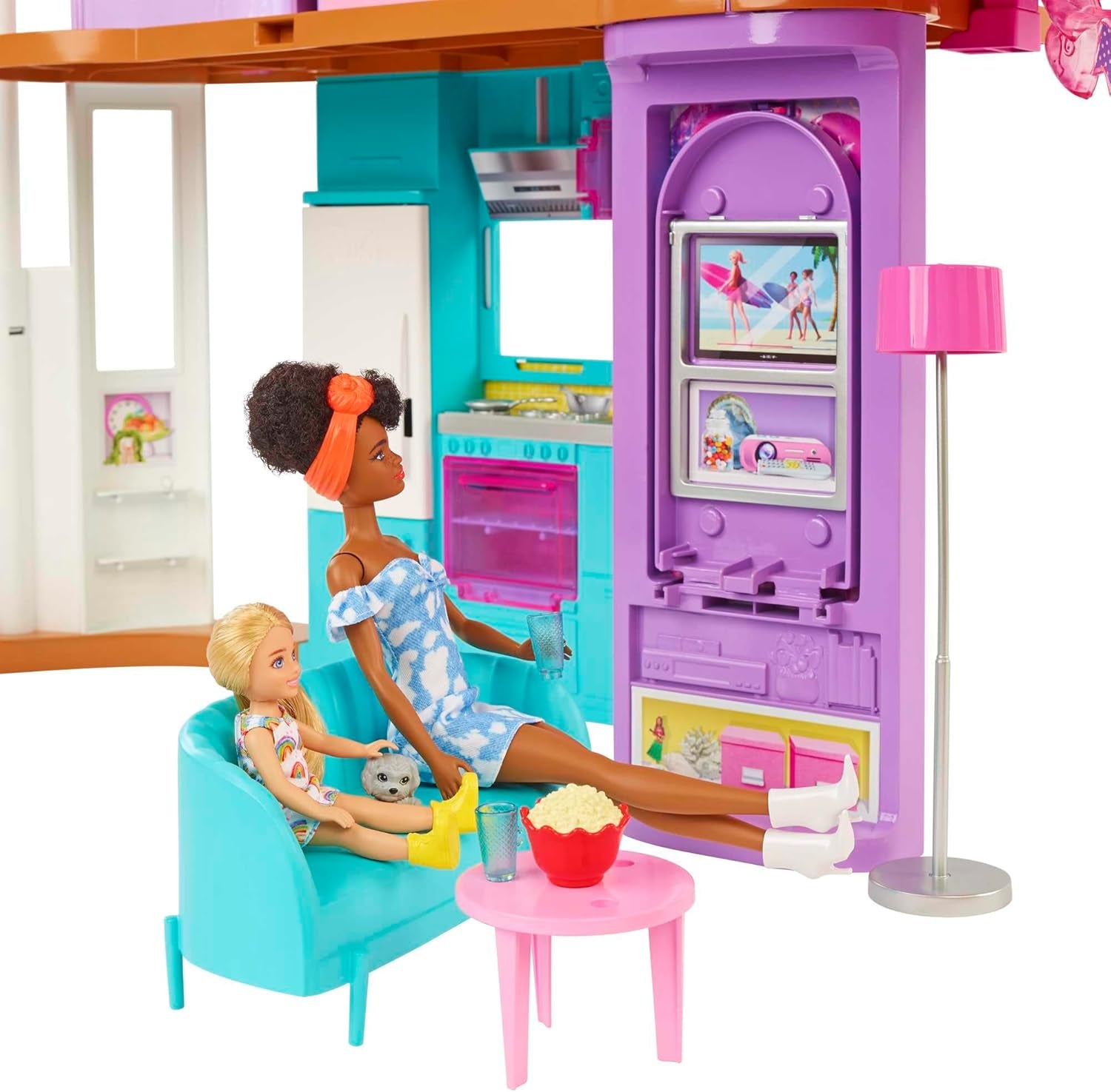 Domek wakacyjny Barbie (116 x 77,9 cm), 6-osobowy domek do zabawy, w pełni wyposażony w akcesoria, meble i windę, składany i do przechowywania, lalka, prezent dla dzieci w wieku 3 lat i starszych, HCD50