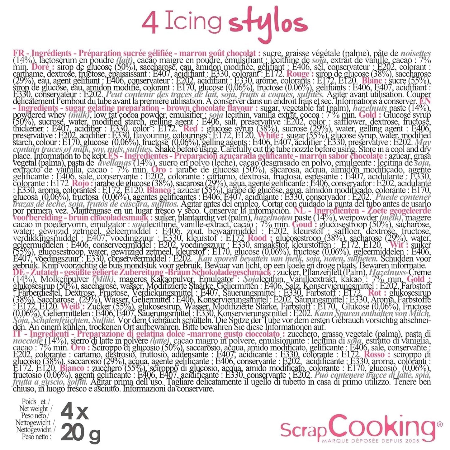 Scrapcooking - 4 pisaki: złoty, czekoladowy, biały i czerwony - dekoracyjne pisaki jadalne do pisania i rysowania na deserach, ciastach i ciasteczkach