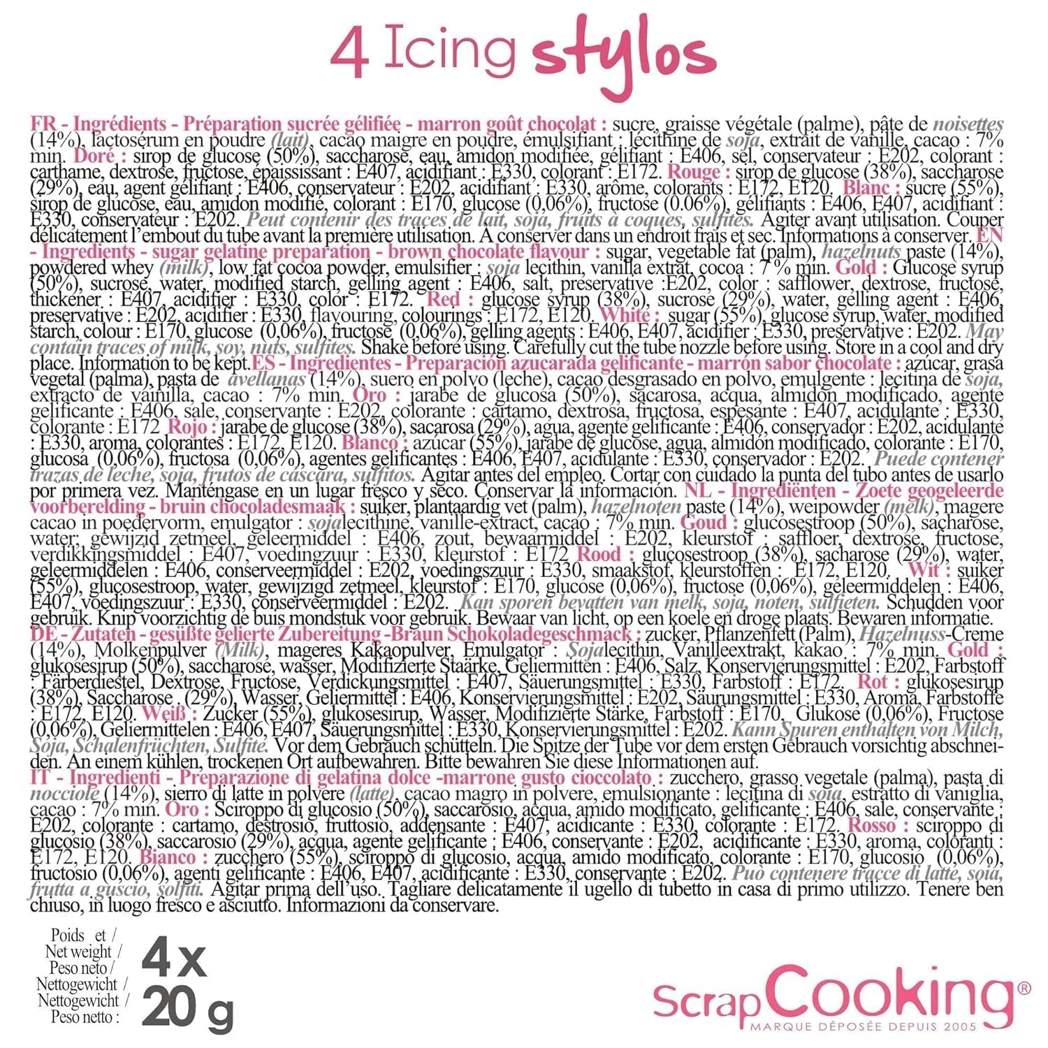 Scrapcooking - 4 pisaki: złoty, czekoladowy, biały i czerwony - dekoracyjne pisaki jadalne do pisania i rysowania na deserach, ciastach i ciasteczkach