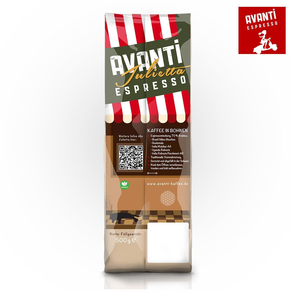 Kawa ziarnista AVANTI Julietta Espresso, 500g, 70% Arabica 30% Robusta, palenie tradycyjne w bębnie