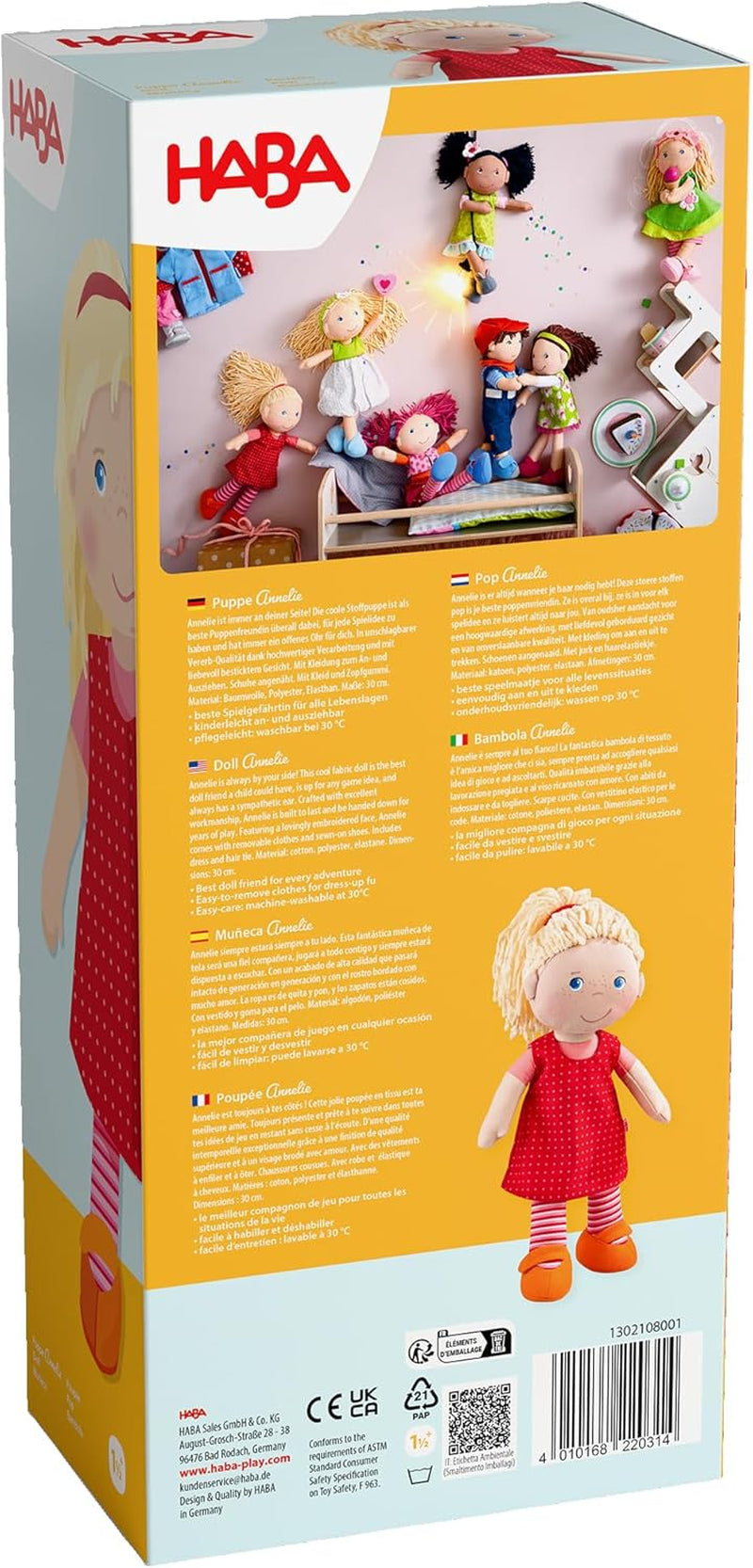 HABA 302108 - Lalka Annelie, lalka materiałowa z ubrankami i włosami, 30 cm, zabawka od 18 miesiąca, czerwona Dolls Naty Shop