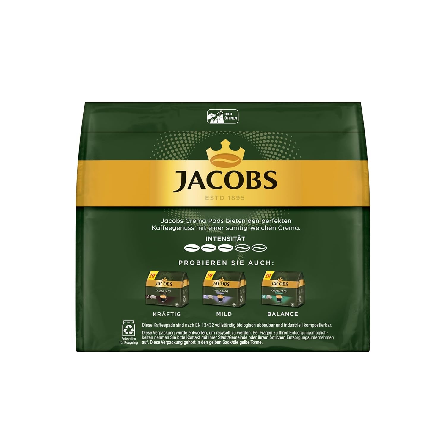 Jacobs Pads Cream, podkładki kompatybilne z Senseo, 5 x 18 Getränke, 90 sztuk Kaffeepads